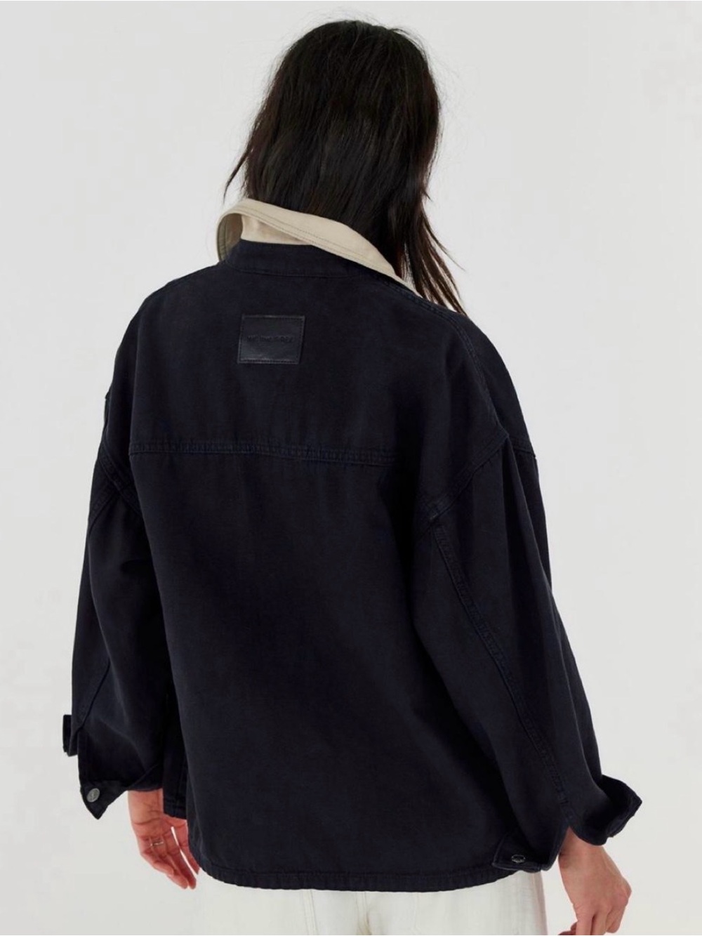 Free People Black Oversized Jean Jacket with Cream Collar - Picture 2 of 3